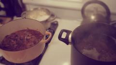 Simmering Pots: Osso Bucco, Potatoes and Pasta (my meat and carb fest)